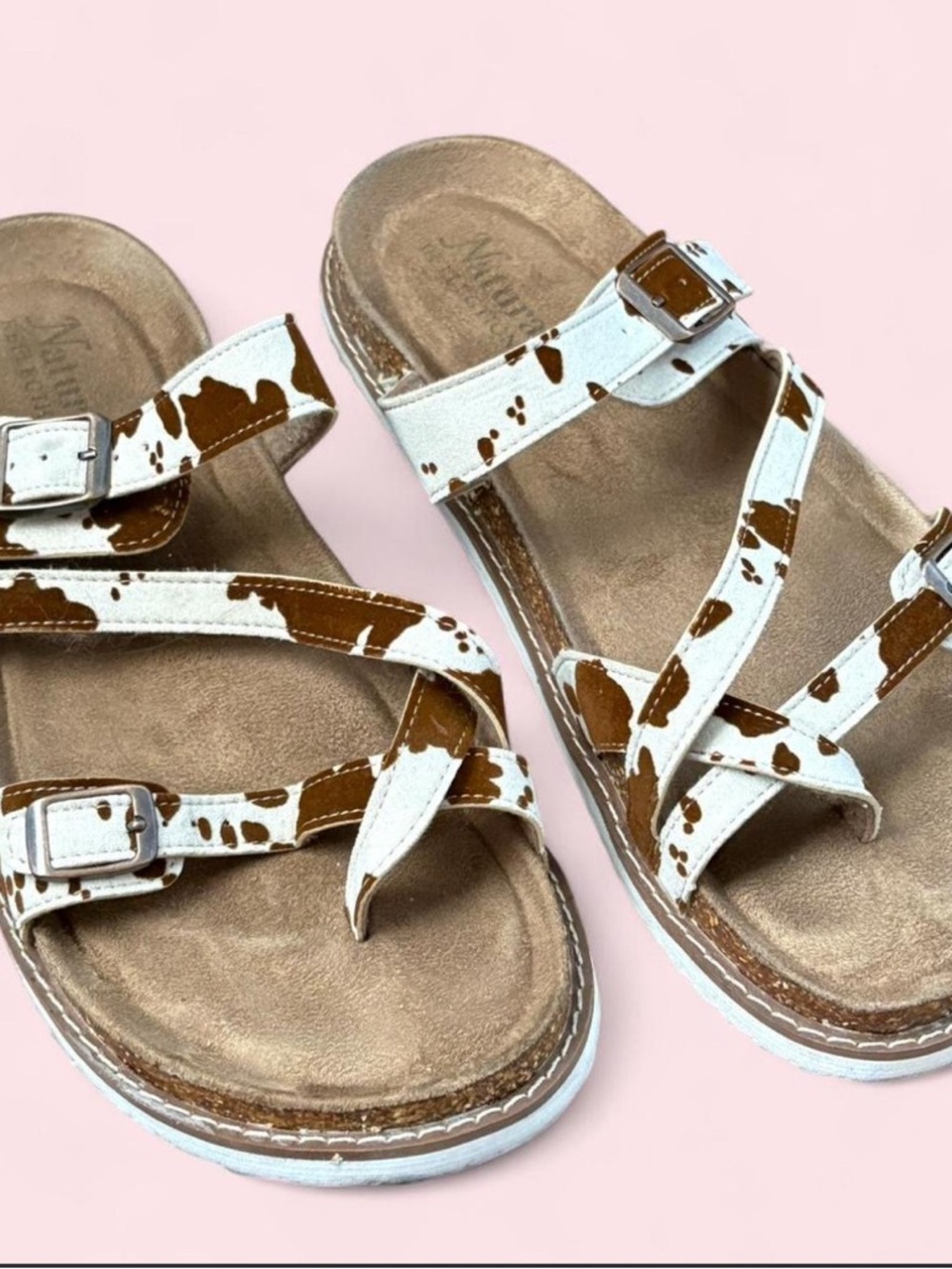Natural Reflections White and Brown Cowprint Strappy Sandals